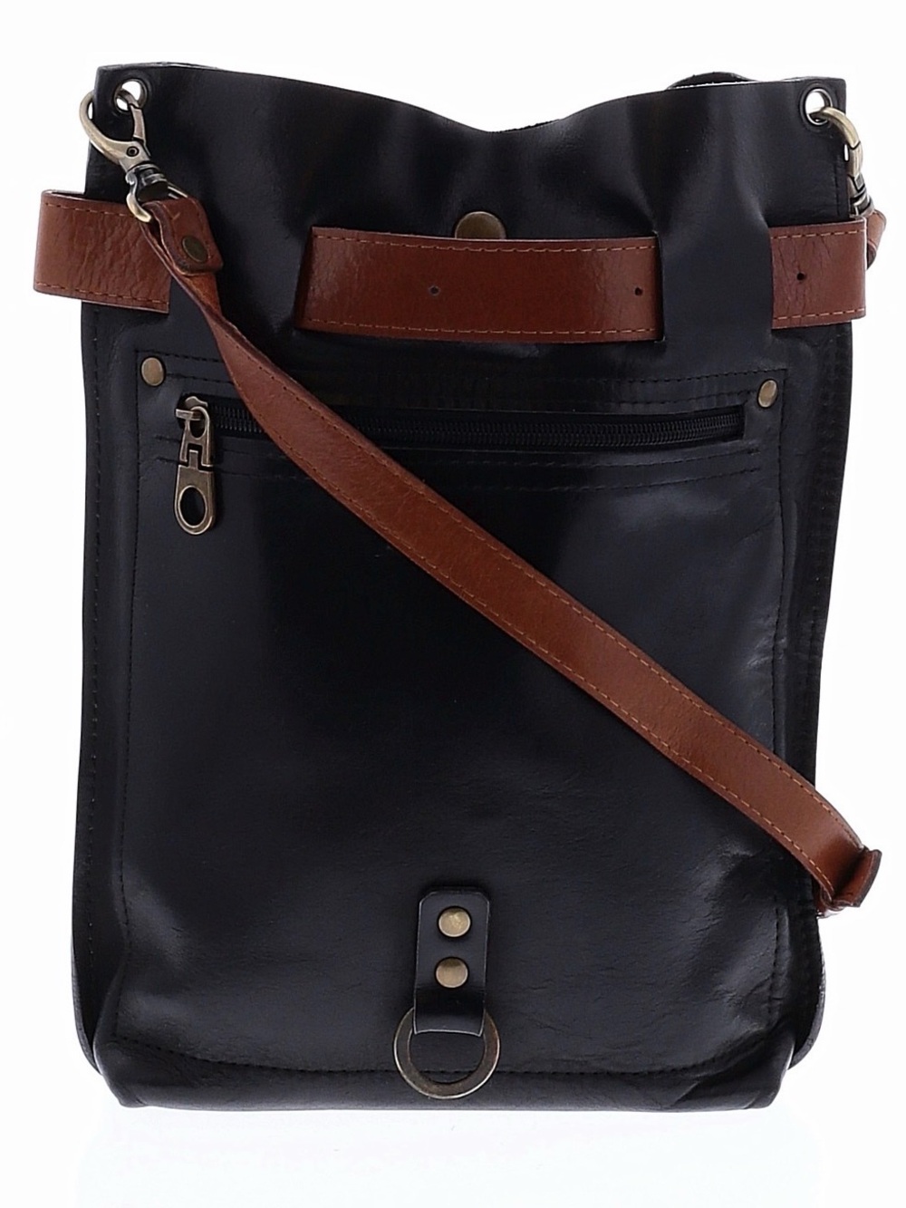 QisaBags Black Tan Full Grain Leather Convertible Crossbody Bag